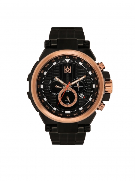 Czarny zegarek męski z elementami w miedzianym kolorze 