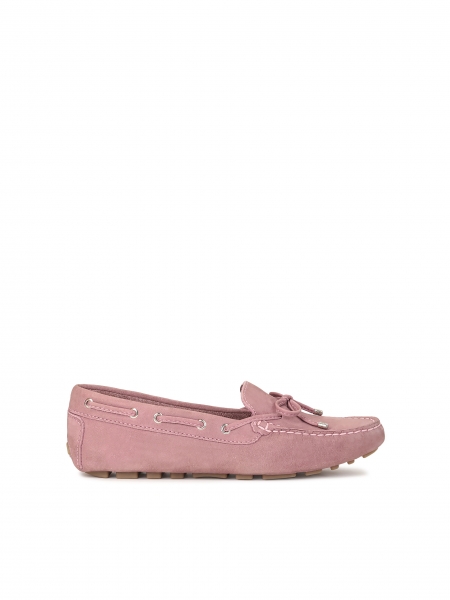 Ladies’ pink moccasins with leather cord and bow APRICOT
