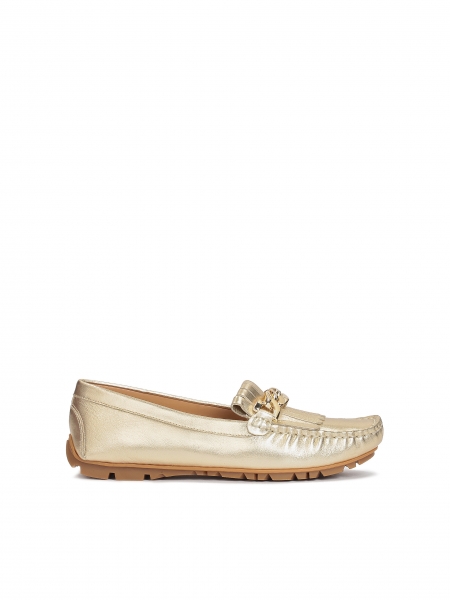 Gold leather moccasins with tassels and a chain NORMA