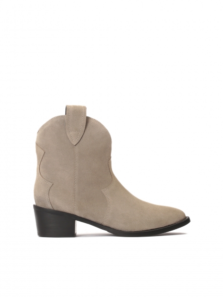 Suede taupe cowboy boots with a slip on upper and a low heel VIOLA
