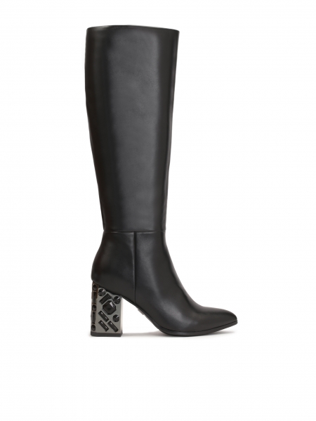 Black leather boots on a metal heel decorated with crystals GIA