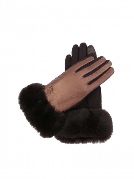 Luksusowe ciemnobrązowe rękawiczki damskie wykończone futerkiem syntetycznym GILLIAM