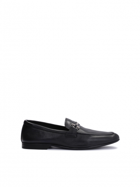 Men’s black leather loafers with a metal decoration KOREN