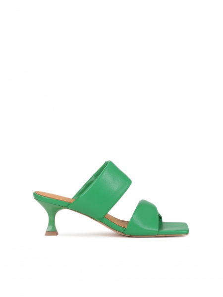 Green mules with puff straps on a heel in the shape of a hourglass EUFEMIA