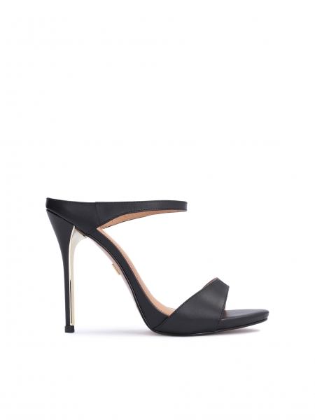 Black leather mules on a tall heel with a golden insert TERRY