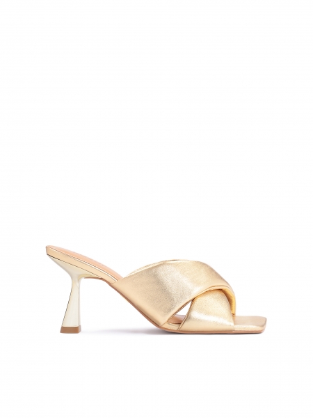Elegant golden mules on a heel shaped like a hourglass EOLA