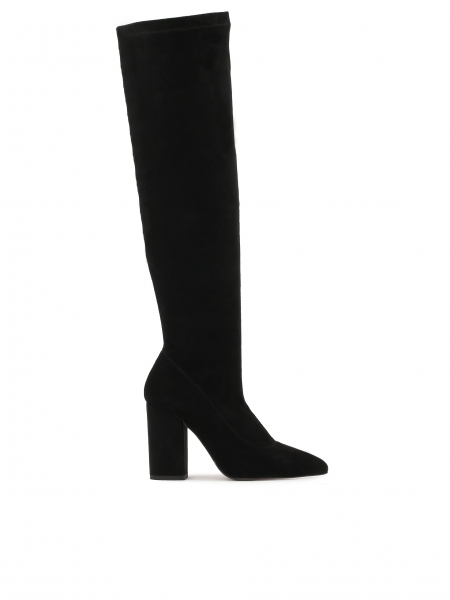 Schwarze Overknee-Stiefel mit Stilettoabsatz aus Stoff FLYNN