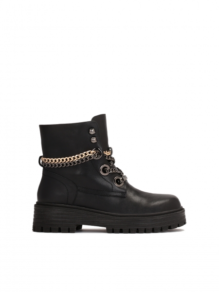 Black leather booties with chains on an elevated sole PADMA