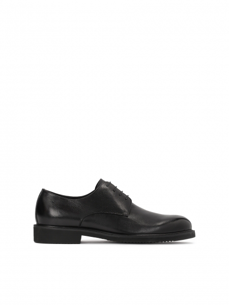 Flache Derby-Schuhe aus schwarzem Leder zum Schnüren mit runder Spitze MANLEY