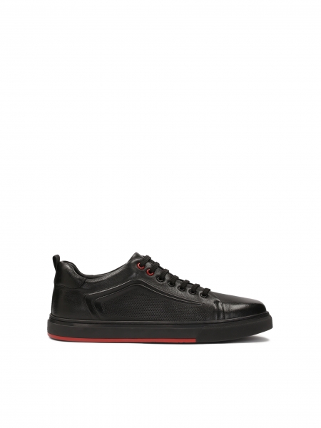 Skórzane czarne sneakersy z perforacją i czerwoną wstawką  LENNART