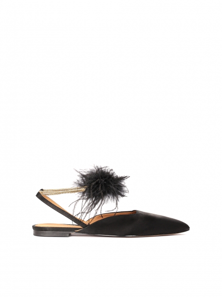 Black flat pumps with ankle chain and feathers AURORA