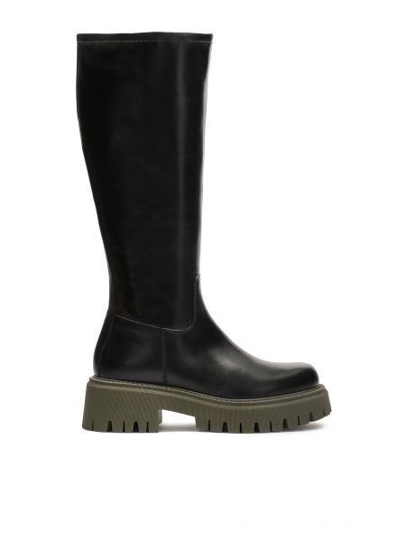 Black leather boots with green track sole GOLDBERRY
