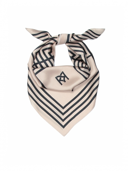 Beige zijden sjaal met geometrisch zwart patroon 