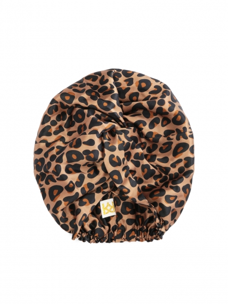 Lujoso turbante de raso de seda con estampado de leopardo 
