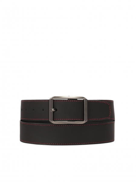 Black leather men's belt with red stitching VULCANO