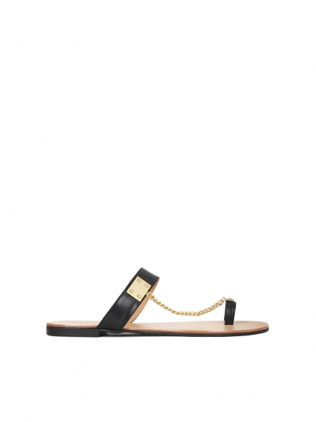 Black leather flip-flops with decorative chain detailing PATRICIA