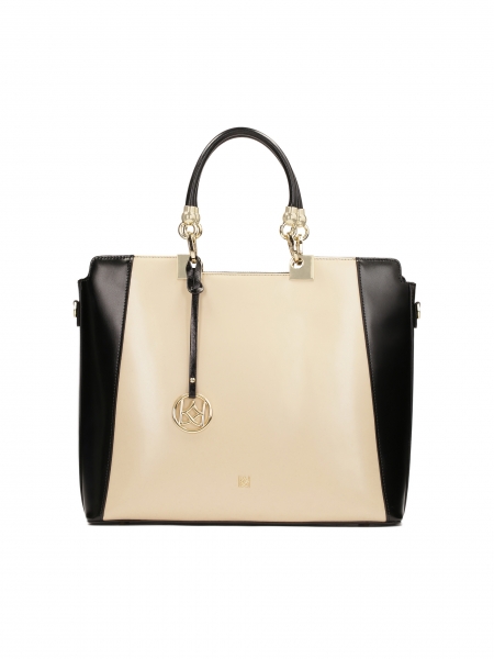 Black and beige business handbag with stiff handles MEGAN