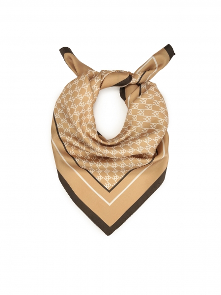 Light brown women's silk scarf with monograms 