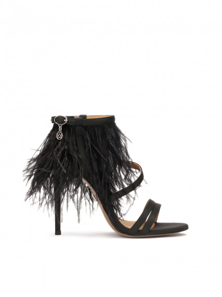 Black fabric sandals decorated with feathers JOSEFINE