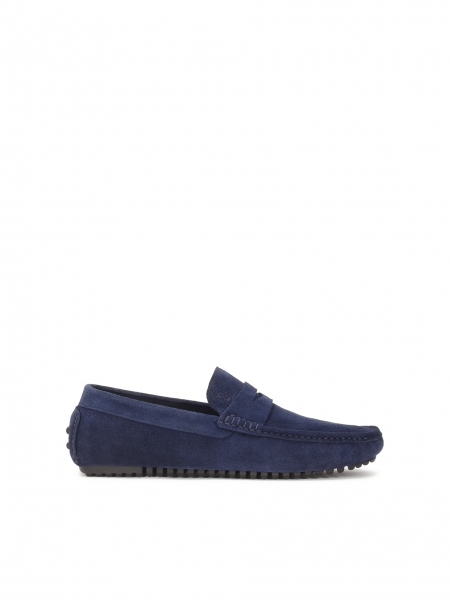 Navy blue suede penske moccasins on a lugged sole  DARION
