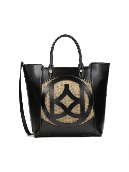 Black leather handbag with openwork monogram NORE