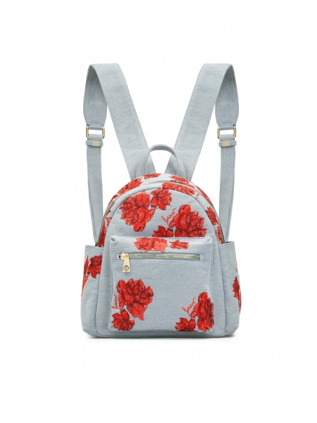 Blue fabric backpack decorated with red flowers NILLE