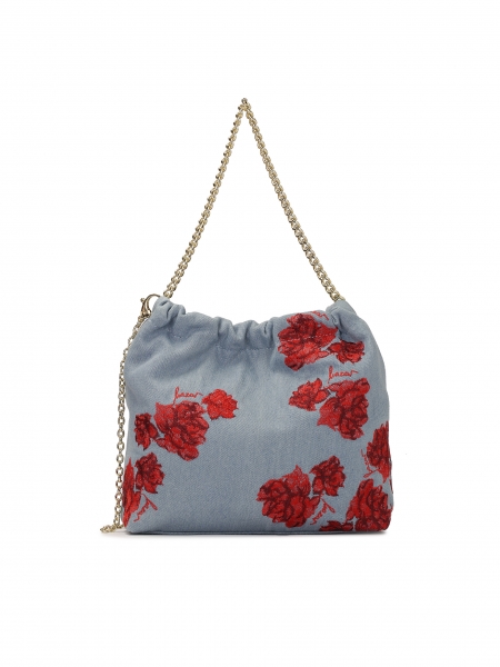 Blue fabric bag with red flowers CASSIA