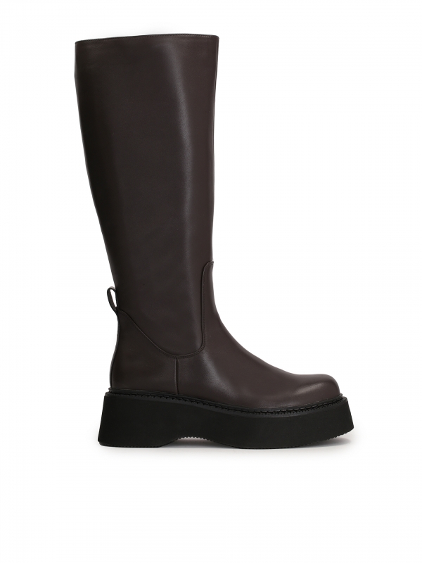 Ladies’ leather dark brown high boots on a thick sole KERI