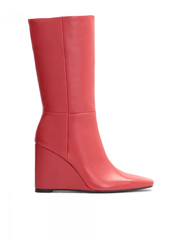 Red leather booties on a tall wide heel CINTHYA