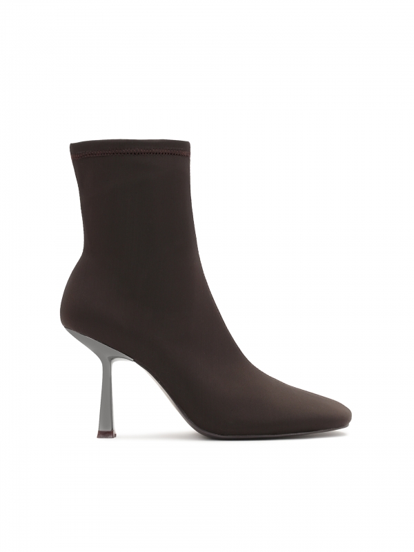 Ladies' dark brown fabric booties with a hourglass heel MARIETA