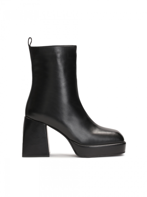 Black leather booties for women on a wide heel LOTTIE