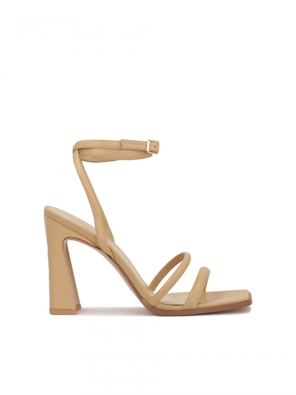 Beige leather sandals with a wide heel EMMA