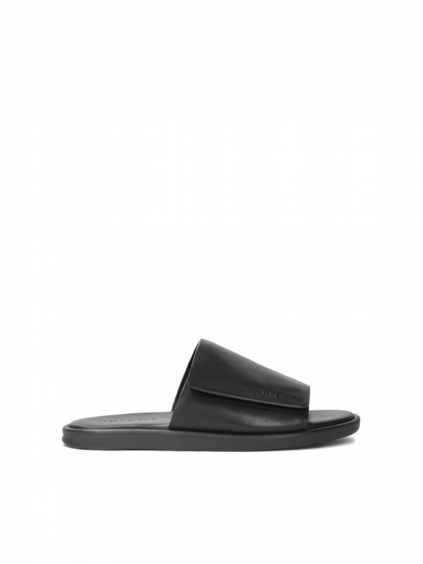 Black slides on a flat sole with a wide Velcro fastening strap BRASTON