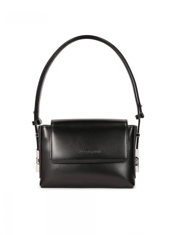 Black leather handbag with flap closure for carrying on the shoulder LOJAIN