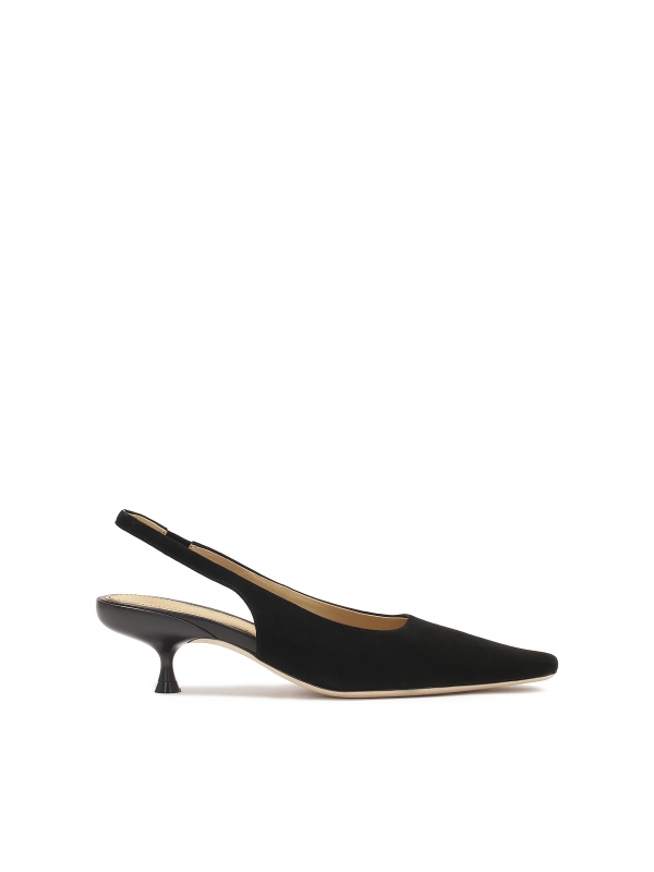 Black suede pumps with open heel and extended nose MALIKA